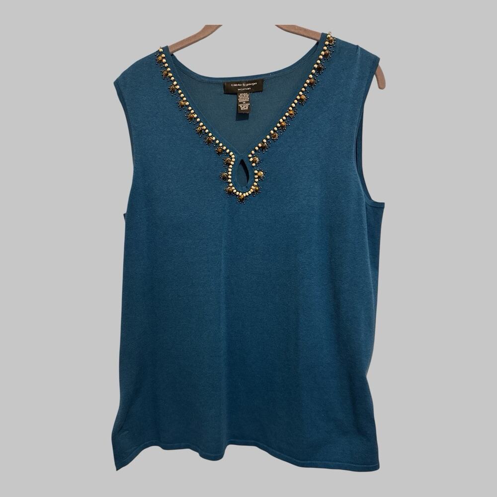 Cable & Gauge Y2K Silk Blend Womans Teal Blue Bead Keyhole Tunic Top Size 1X